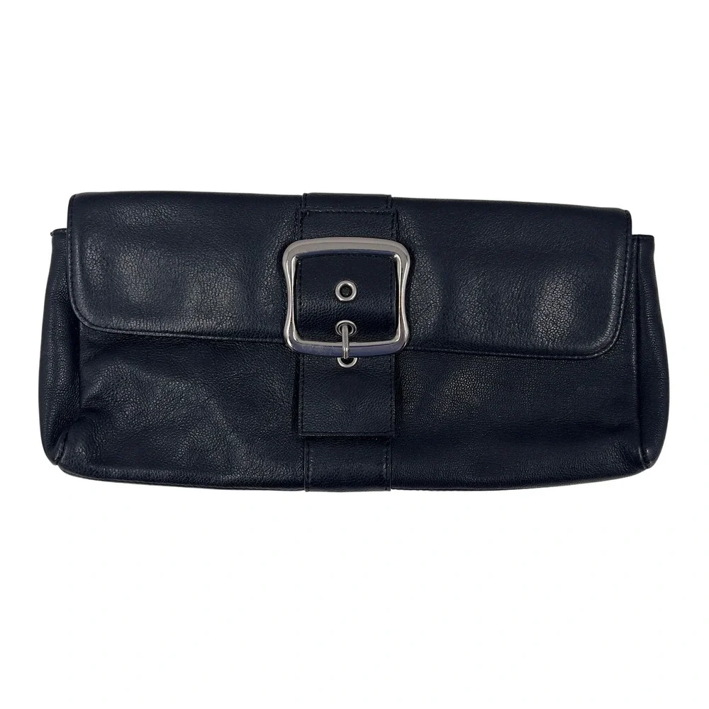 Vintage Black Leather Clutch Silver Buckle Pink Lining Y2K Moto Mod Evening Bag